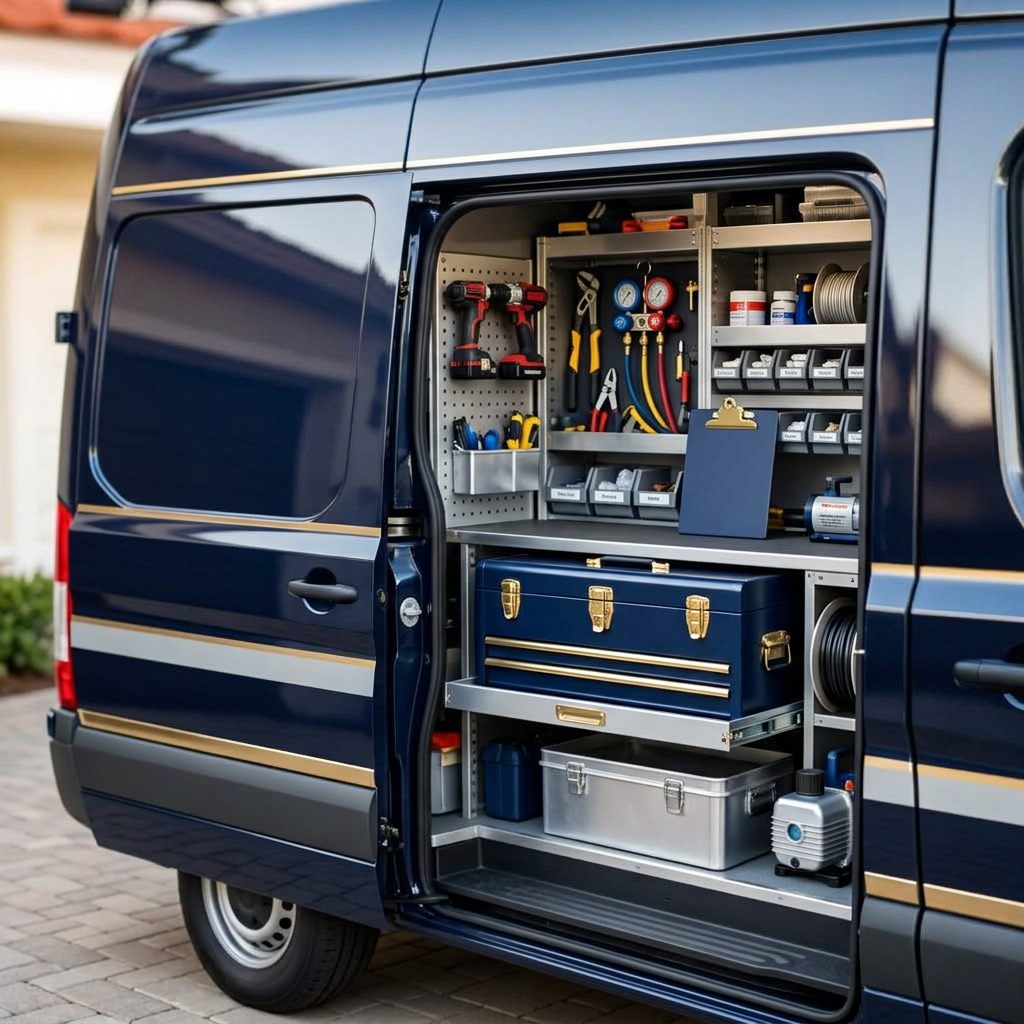 Professional home services van with organized tools and equipment